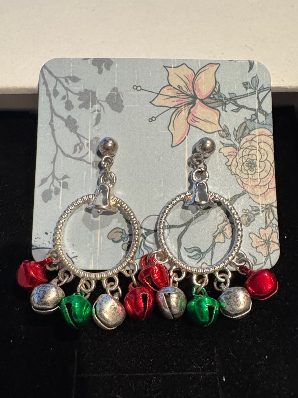 Vintage Silver Hoop Earrings with Red, Green & Silver Jingles Christmas